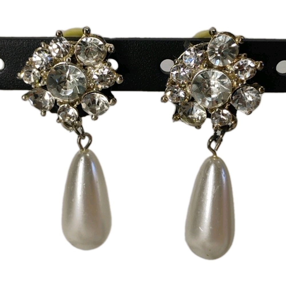 Vintage 60s Rhinestone Clip on Earring Dangle Faux Tear Drop Pearl Wedding